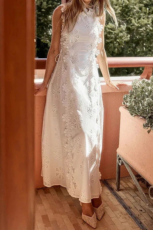 Elegant Hollow Out Lace Embroidery Sleeveless Maxi Dress