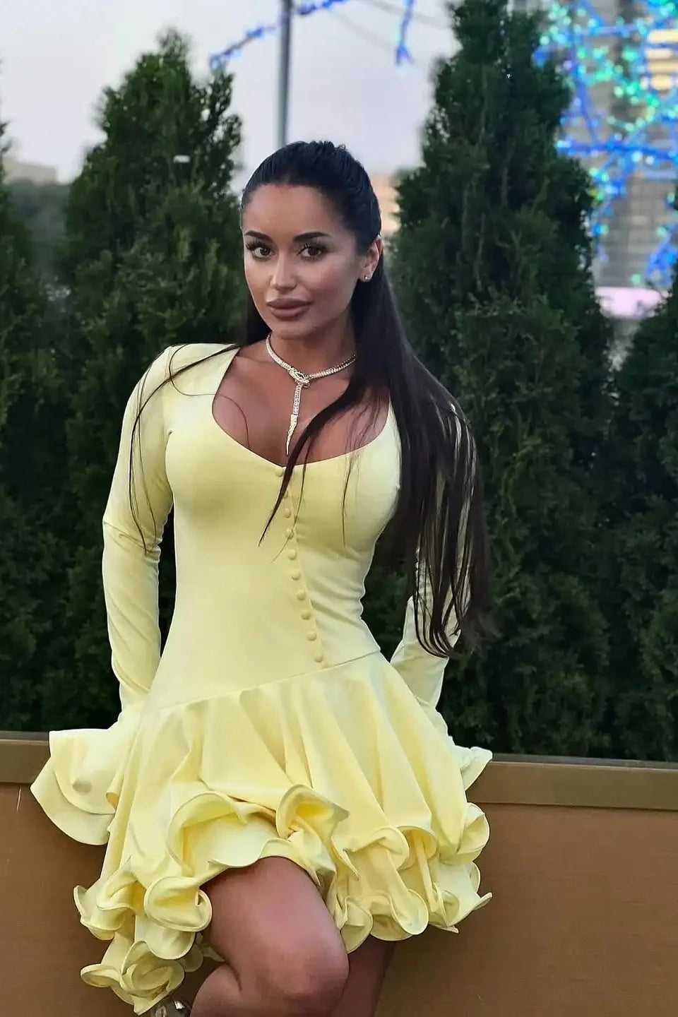 Long Sleeve Slim Single-Breasted V-Neck High Waist Mini Dress