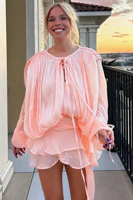 Elegant Pleated Long Sleeve High Waist Mini Dress