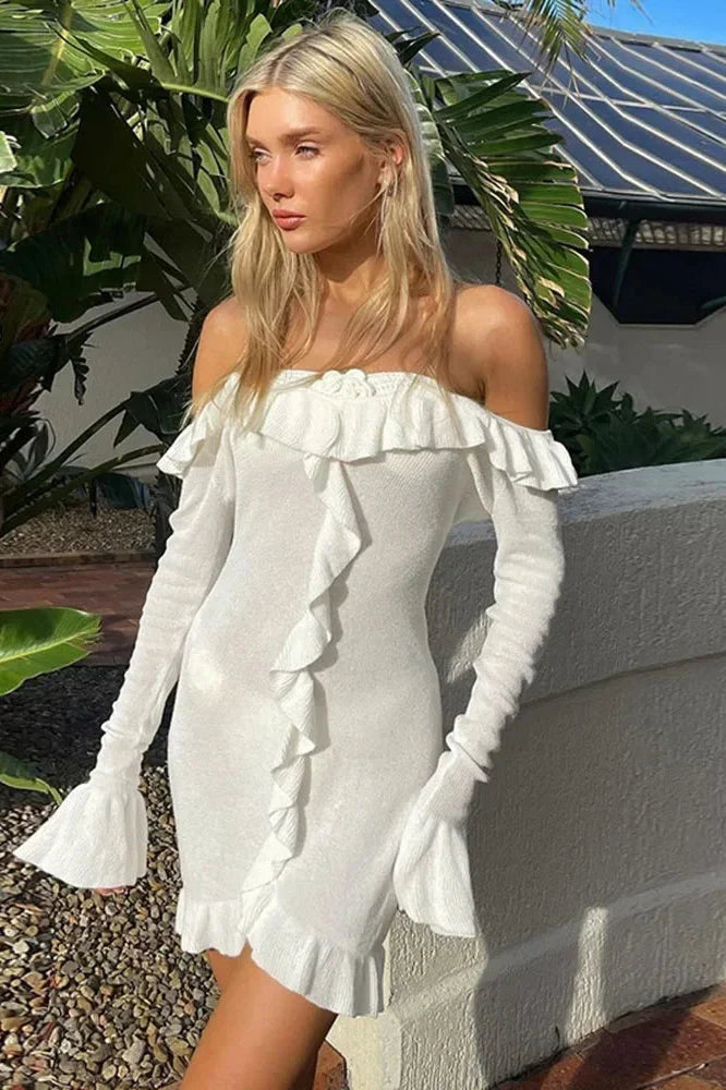 Elegant Knitted Long Sleeve Slim V Neck Mini Dress