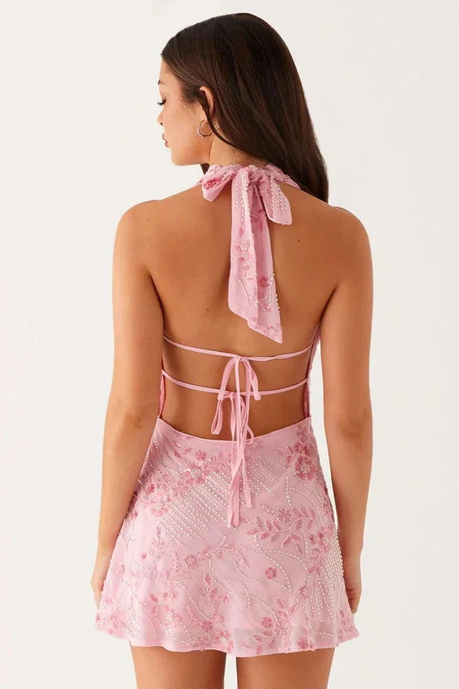 Printed Deep V Neck Sleeveless Backless Lace-Up Mini Dress