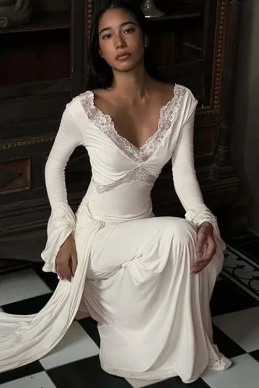 Lace V-Neck Sleeves Patchwork Slim Maxi Dress