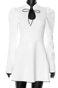 Hollow Out Puff Sleeve Lace Up A-Line Mini Dress