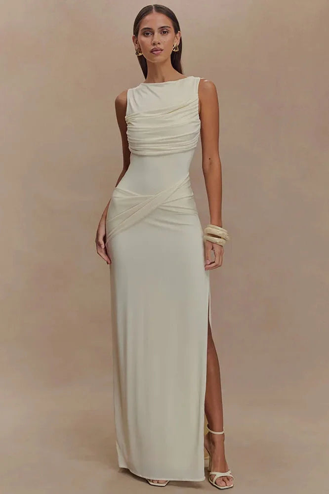 Backless O Neck High Split Bodycon Maxi Dress
