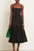 Spaghetti Strap Backless Sleeveless High Waist Pleated Midi Dress