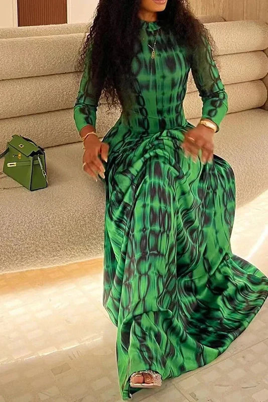 Printed Long Sleeve Slim High Waist Pleated Maxi Dress