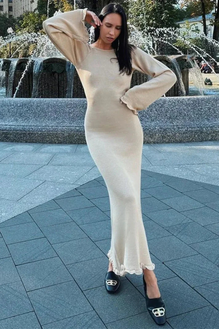 Knitted Backless Lace Up High Waist Maxi Dress