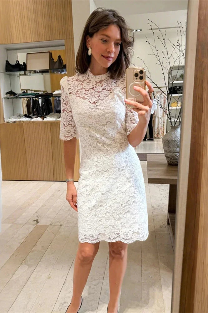 See-Through Lace Patchwork Short Sleeve Mini Dress