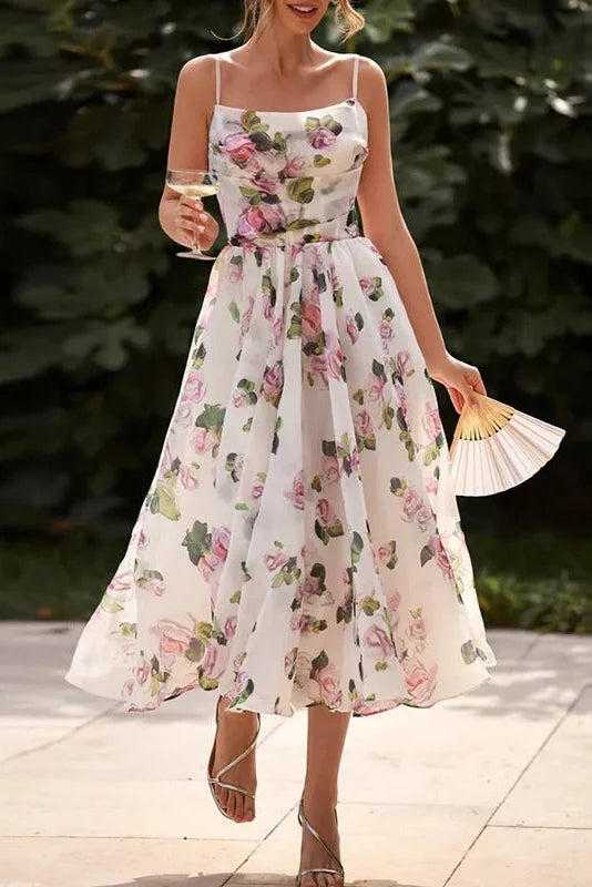 Slash Neck Printed Sleeveless High Waist Pleated Midi Dress