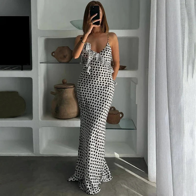 Polka Dots V-Neck Backless Printed Maxi Dress