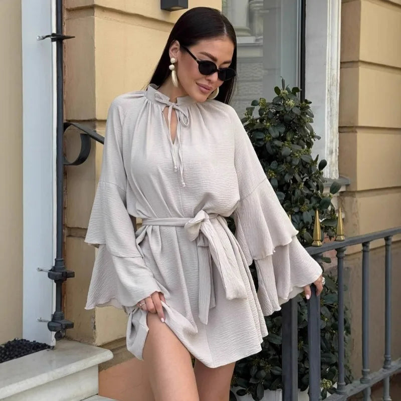 Elegant V-Neck Lace Up Pleated Mini Dress