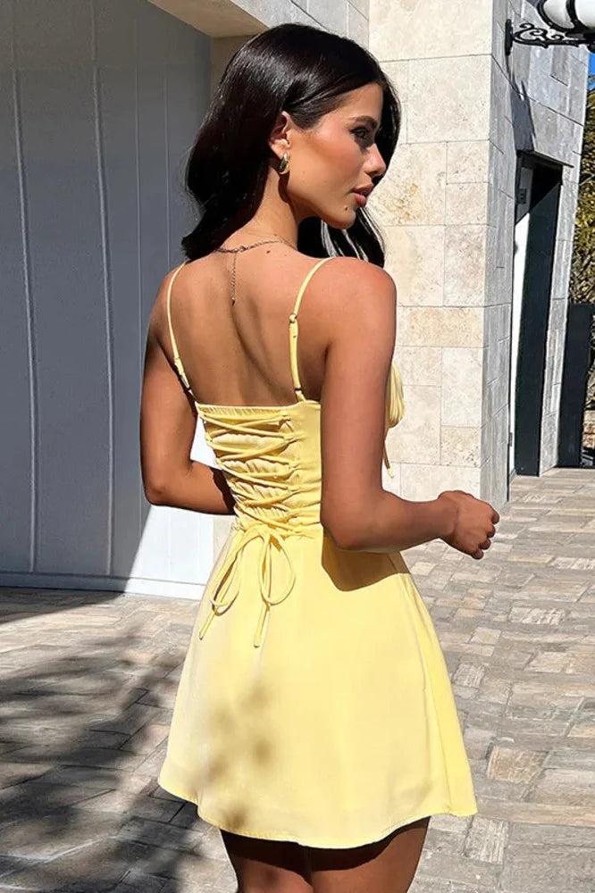 Spaghetti Strap Lace-Up Sleeveless Backless High Waist A-Line Mini Dress
