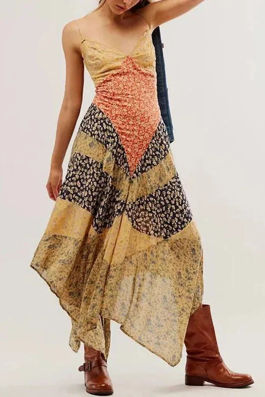 V-Neck Sleeveless Slim Backless Pleated Printed Irregular Maxi Dress