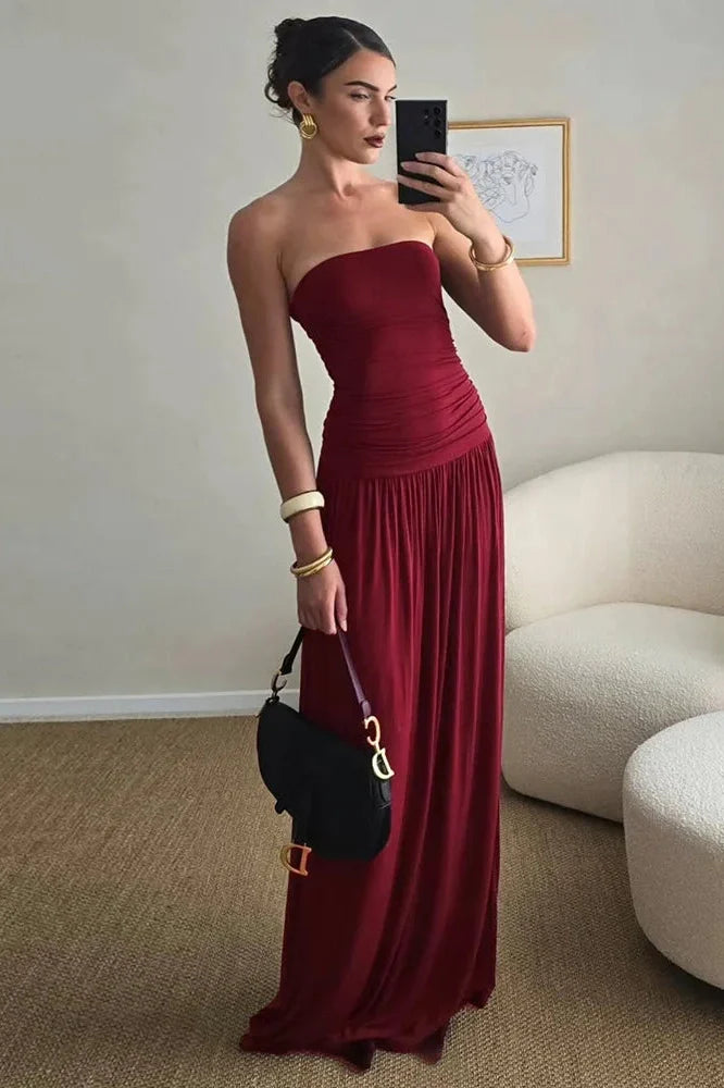 Off-Shoulder Strapless Pleated Sleeveless High Waist Maxi Dress