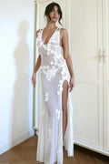 See-Through Slim High Split Backless V-Neck Maxi Dress