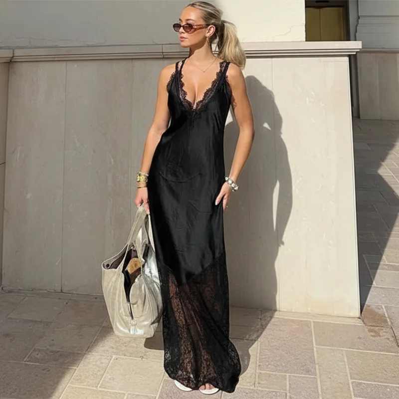 Spaghetti Strap Lace Backless Slim Maxi Dress