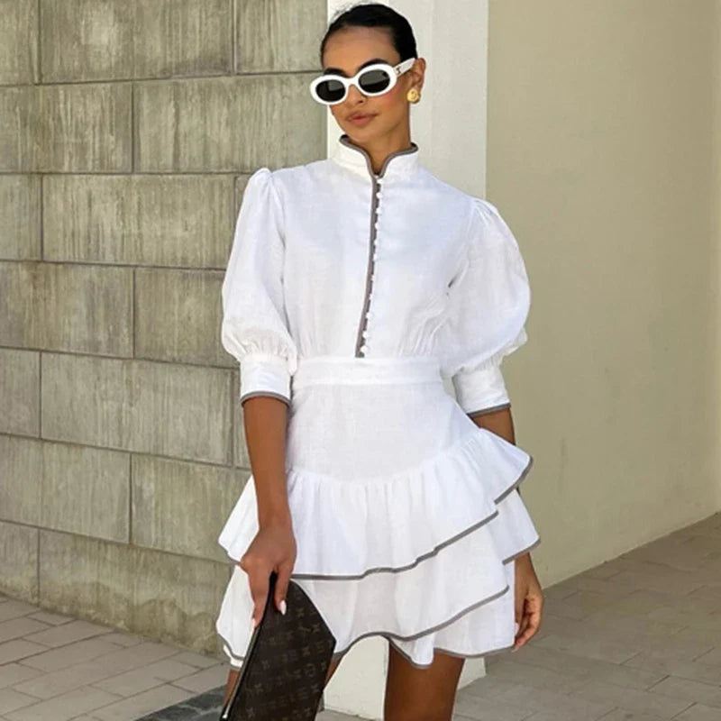 Elegant Ruffle A-Line High Waisted Mini Dress