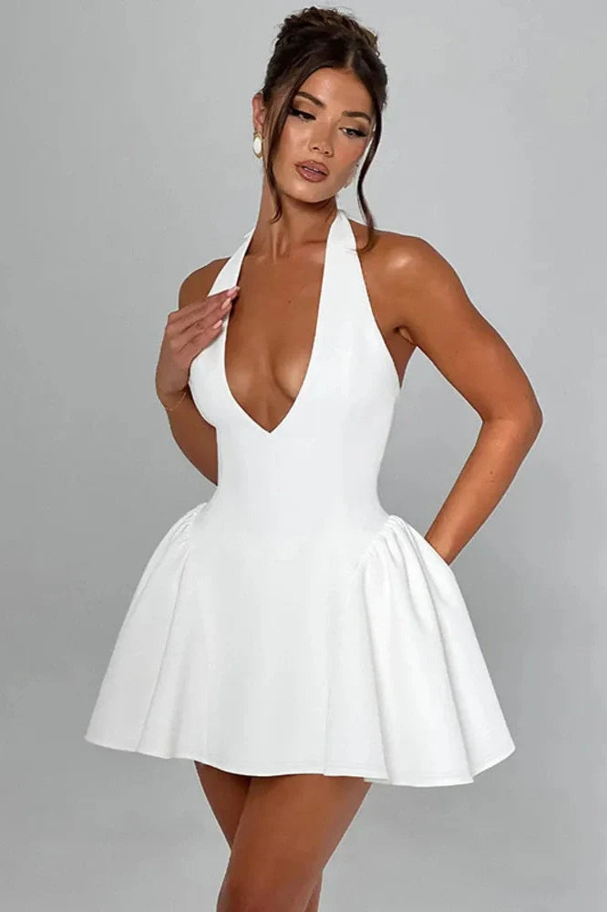 Deep V Neck Sleeveless Backless High Waist A-line Mini Dress