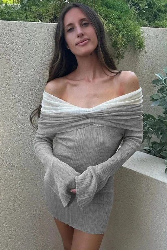 Off-Shoulder Knitted Long Sleeve Slim Backless Mini Dress