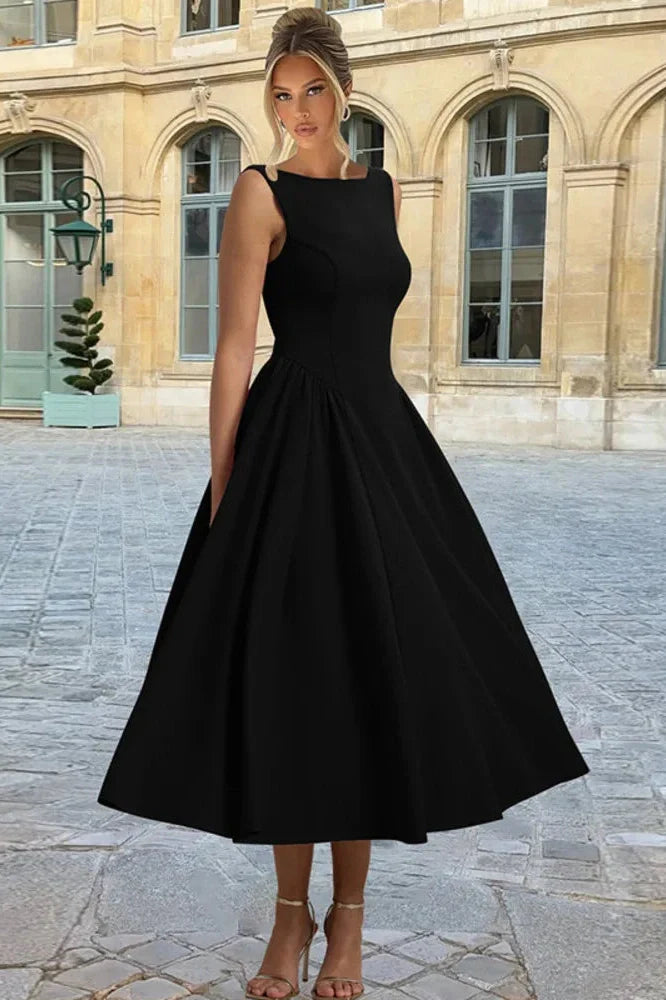 Sleeveless Pleated O Neck High Waist A-Line Midi Dress