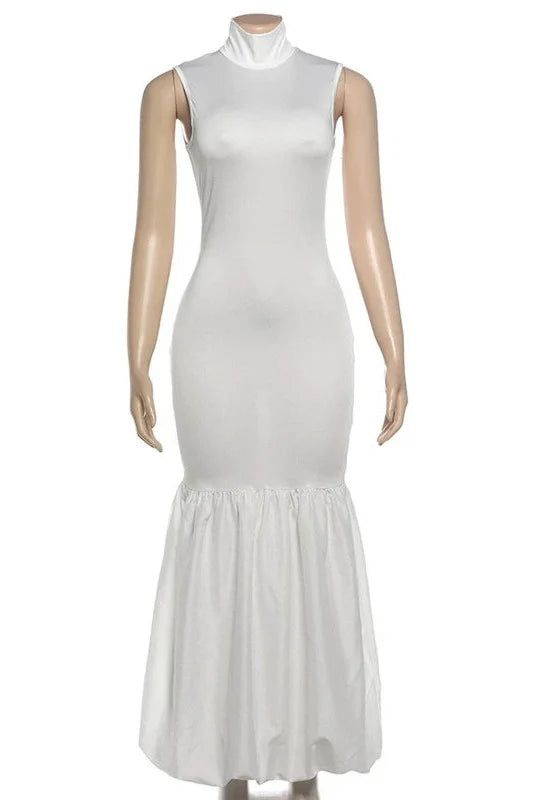 Turtleneck Slim Sleeveless Patchwork High-Waisted Maxi Dress
