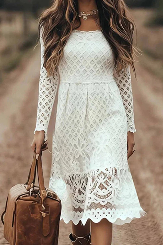 Lace Embroidery U-Collar Long Sleeve High Waist Midi Dress