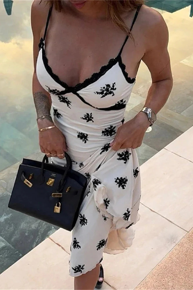 Printed Lace Patchwork High Waist Slim V-Neck Midi Dress