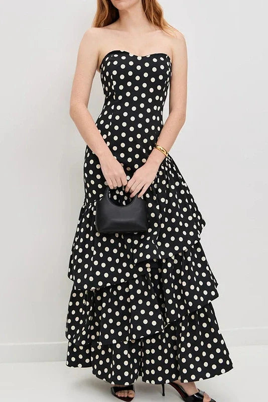 Elegant Off Shoulder High Waist Polka Dot Print Maxi Dress