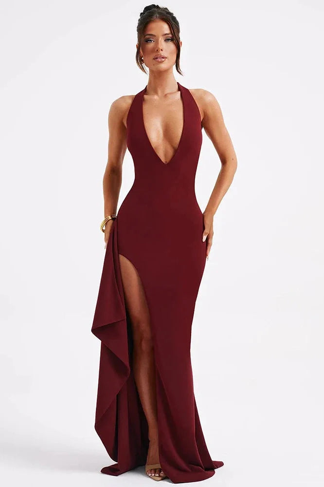Deep V Neck Sleeveless Backless Split Bodycon Maxi Dress