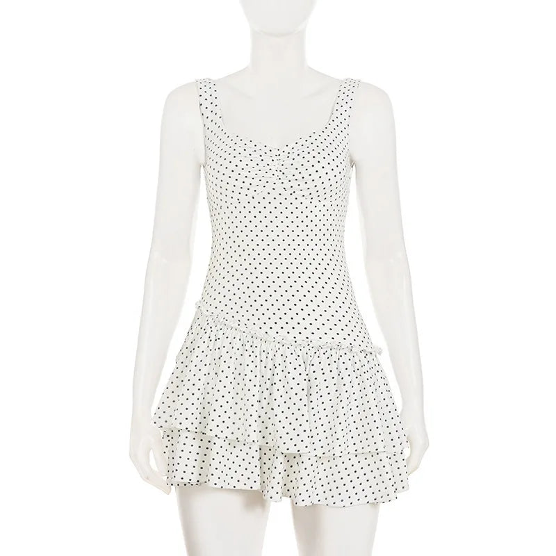Polka Dot Pleated Slim Sleeveless High Waist Mini Dress