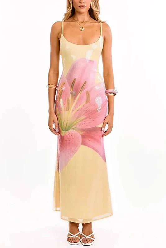 Floral Print Sleeveless Slim High Waist Backless Maxi Dress