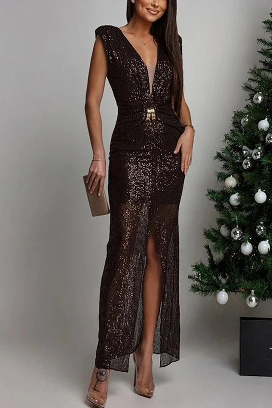 Deep V-Neck High Waist Split Fit Sleeveless Maxi Dress