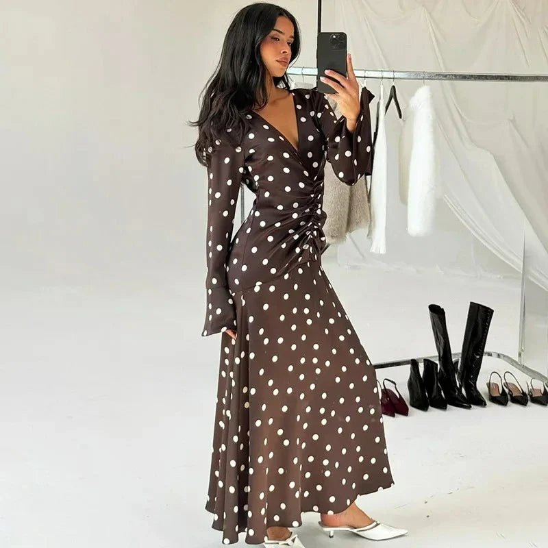 Elegant V-Neck Polka Dot Patchwork Maxi Dress