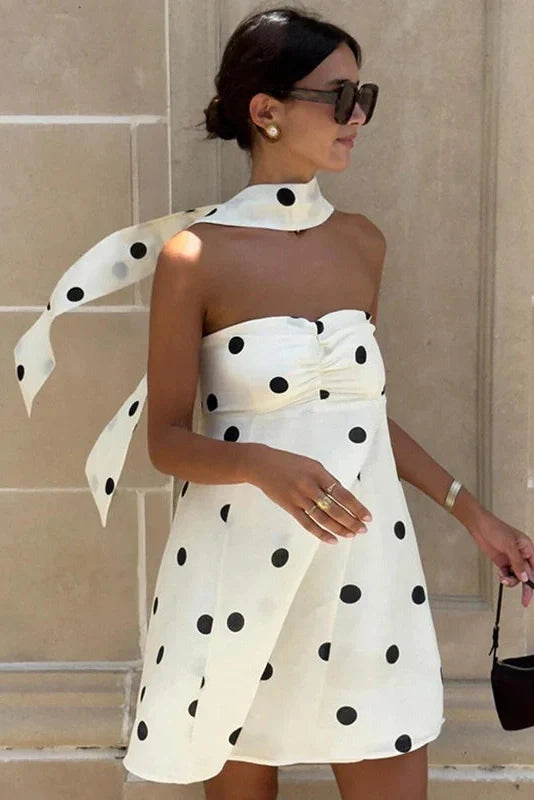 Polka Dot Off-Shoulder Backless Pleated Strapless Mini Dress