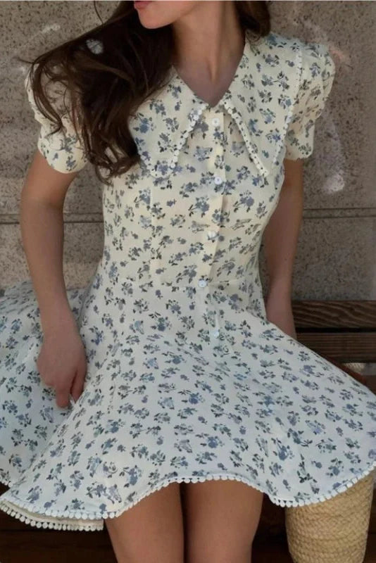 Elegant Floral Short-Sleeved Slim Single-Breasted Mini Dress