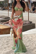 Hollow Out Printed Sleeveless Slim Pleated Maxi Dress