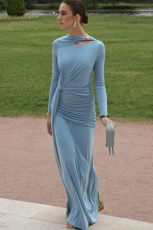 Elegant Pleats Slim-Fit Long-Sleeved Irregular Maxi Dress