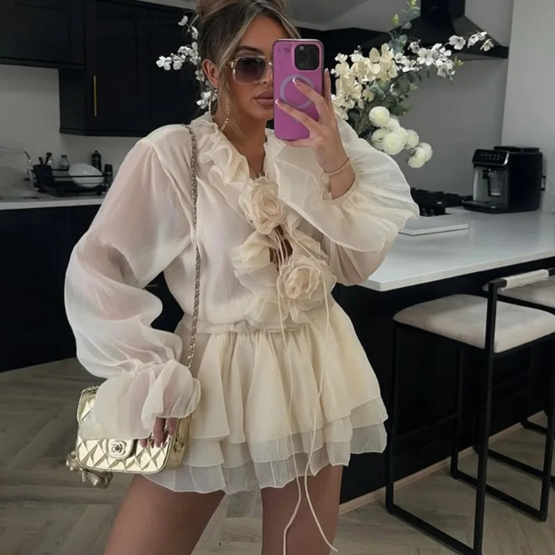 See-Through Lace Up Long Sleeve Mini Dress