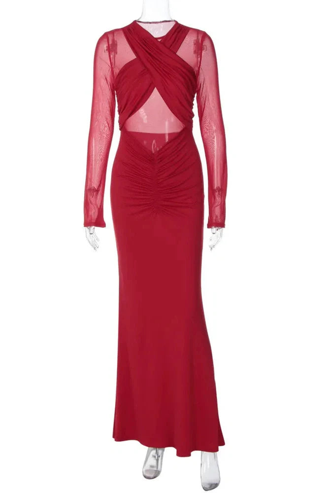 Hollow Out Long Sleeve O Neck Bodycon Maxi Dress