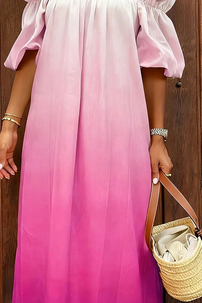 Off-Shoulder Pleated Loose Slash Collar Printed Maxi Dress