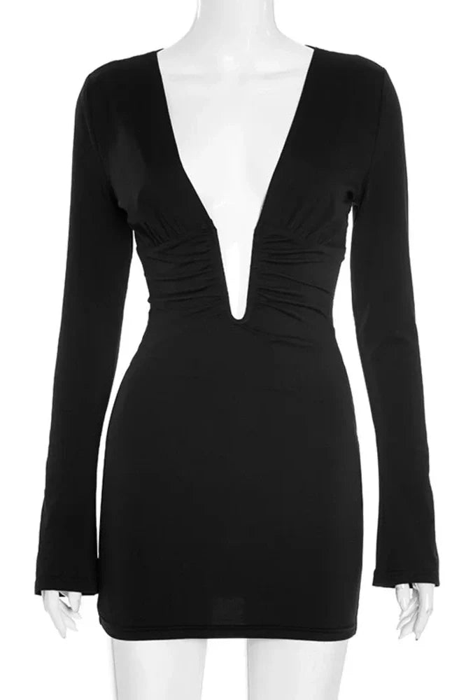 Deep V Neck Long Sleeve High Waist Mini Dress