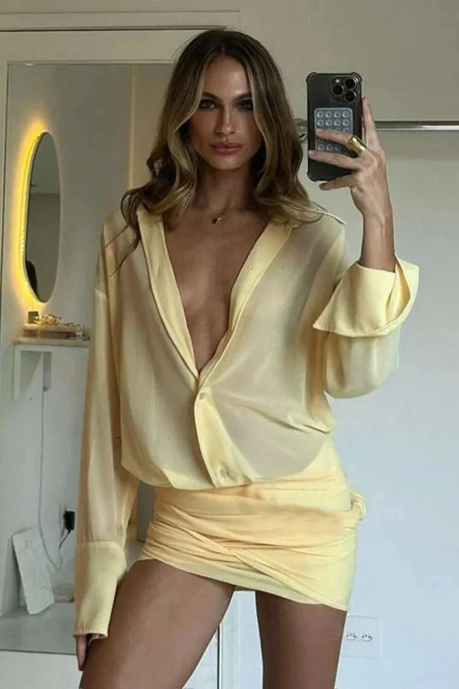 Long Sleeve Hip Strap See Through Patchwork Mini Dress