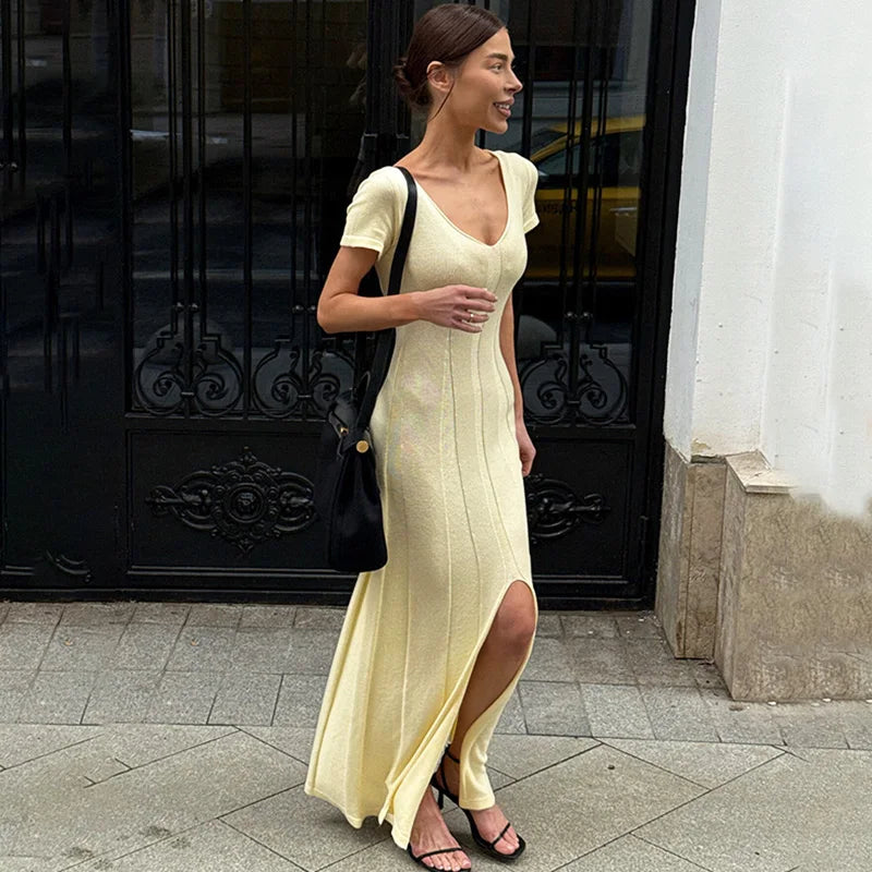 Elegant V-Neck Split Patchwork Maxi Dress