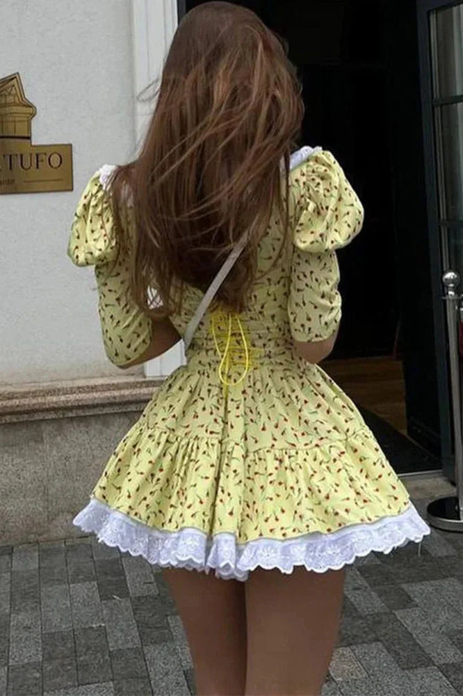 Elegant Lace-Up Slim Lace Short Sleeve Mini Dress