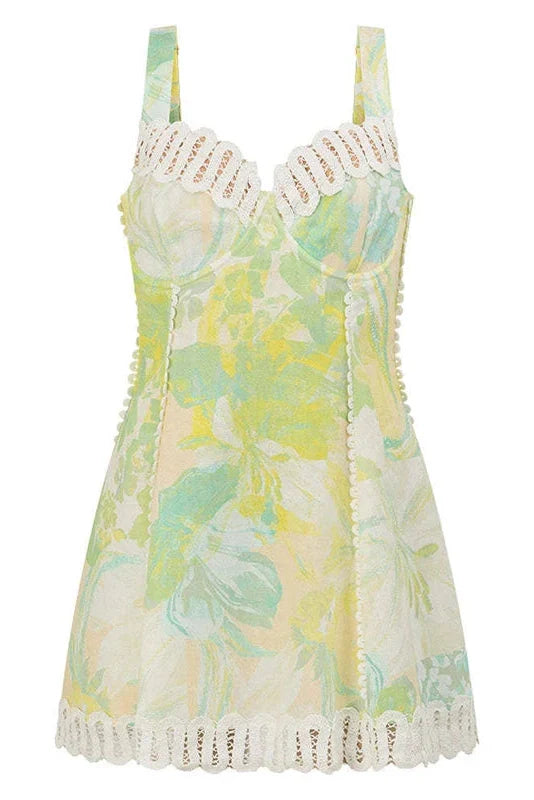 Printed Lace Sleeveless High Waist A-Line Pleated Mini Dress