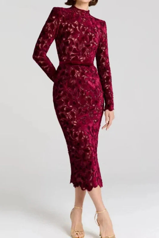 Hollow Out Lace Embroidery Long Sleeve High Waist Midi Dress