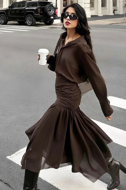 Long-Sleeved Pleated Slim High Waist Midi Dress