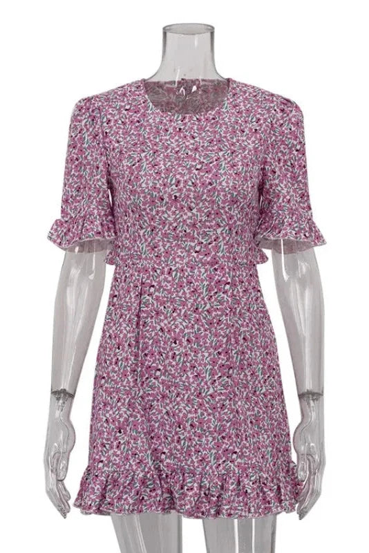 Hollow Out Printed Backless Slim Fit Short Sleeve Mini Dress