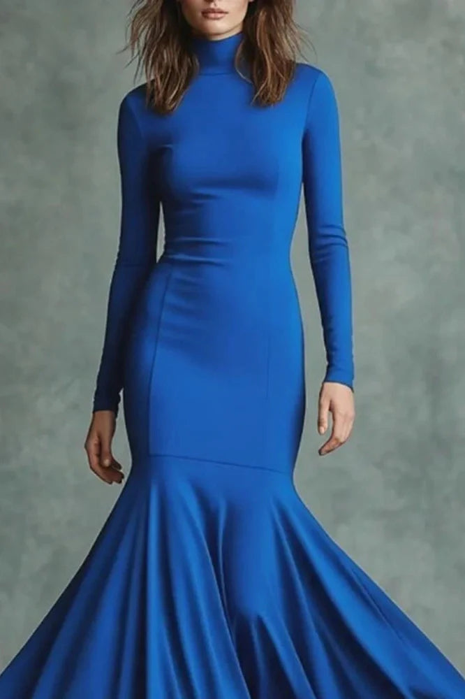 Elegant Slim High Waist Turtleneck Long Sleeve Maxi Dress