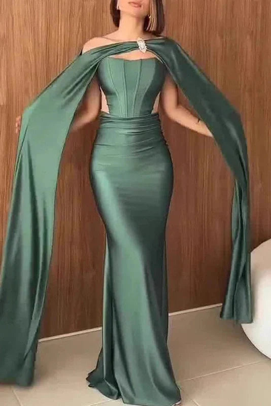 Hollow Out Shawl Long Sleeve High Waist Pleated Maxi Dress